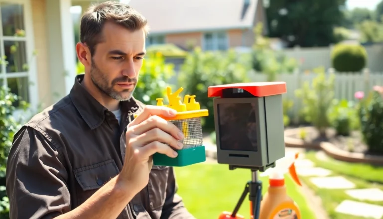 Pest control services professional inspecting a home for infestations with tools in hand.
