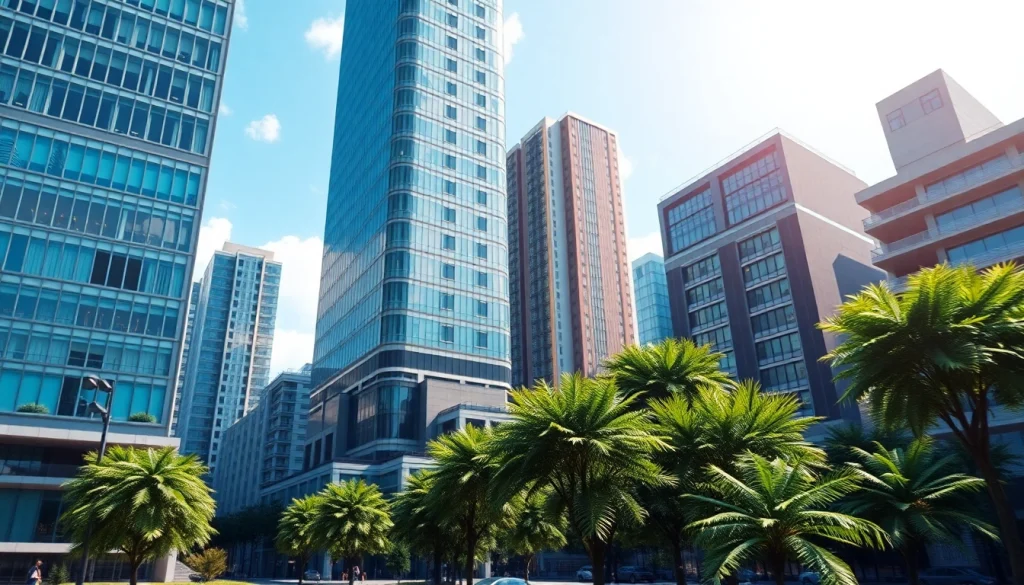 Faszinierende visualisierung architektur von modernen Gebäuden in einer lebendigen Stadtlandschaft.