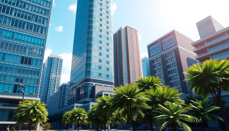 Faszinierende visualisierung architektur von modernen Gebäuden in einer lebendigen Stadtlandschaft.