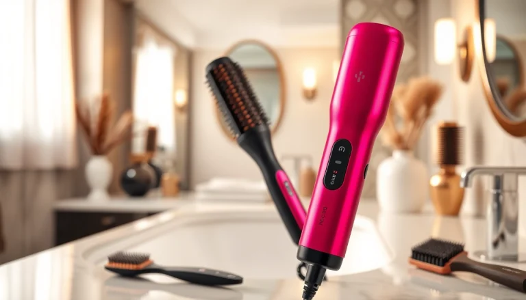 Fracsco hair styling tool displayed in a modern bathroom, showcasing its elegant design and features.