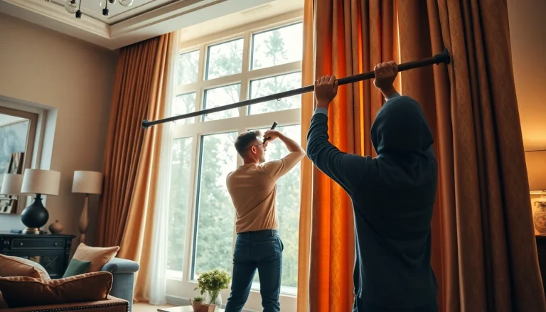 Experienced curtain fitters installing luxurious drapes in a beautifully lit living room.
