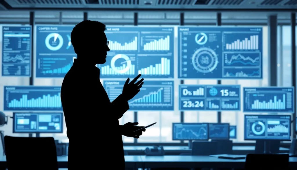 Utilize AI for competitor analysis with a business analyst analyzing data in a tech-savvy setting.