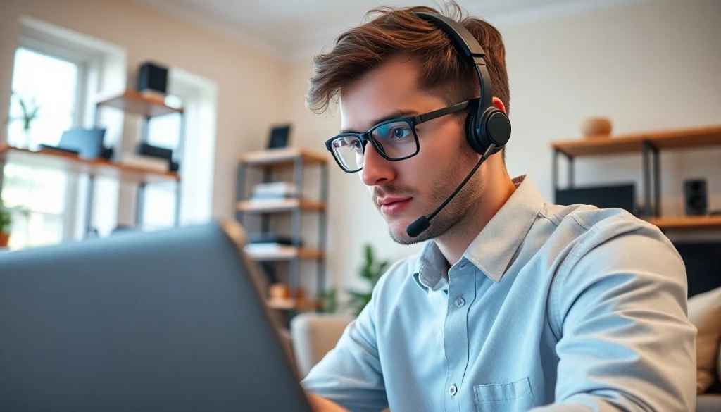Technician providing residential IT support in a home office for efficient troubleshooting.