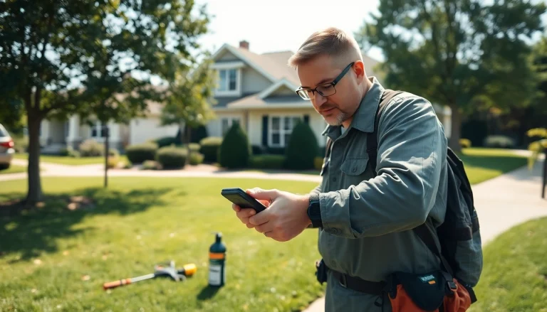 Pest control services being conducted by a skilled technician in a suburban yard.