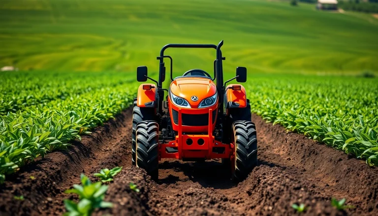 Kuboata Traktor in voller Aktion auf einem lebhaften Landwirtschaftsfeld, strahlend und effizient.
