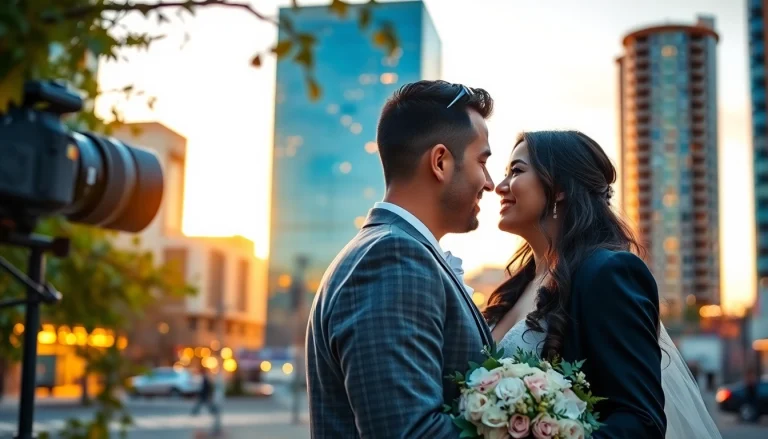 Engaging moment captured by a photography company edmonton in a cityscape during sunset
