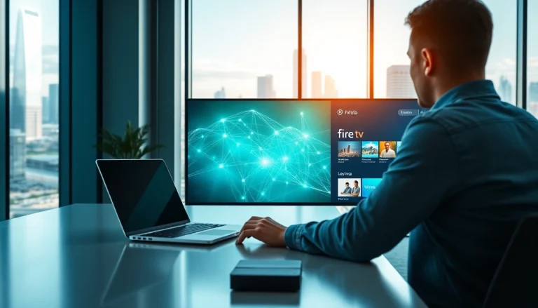 User interacting with the Fire TV digital signage app in a modern office environment.