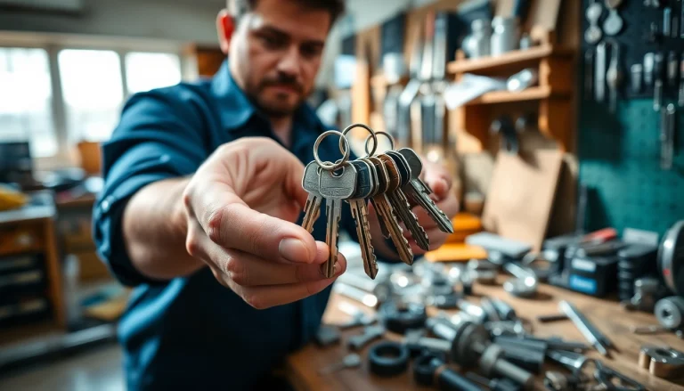 Showcasing Van Keys held by a locksmith in a cluttered workshop, emphasizing expertise.
