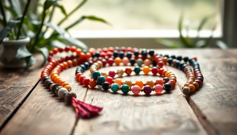 Handcrafted malas arranged elegantly to showcase their vibrant colors and textures.
