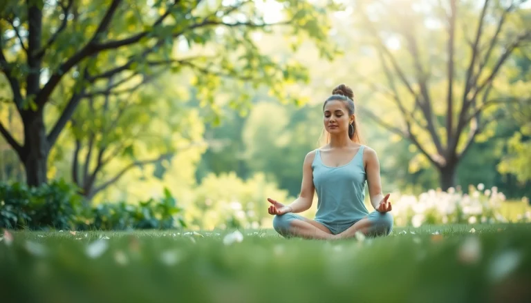 Meditating person in nature, focusing on dealing with stress in a serene environment.