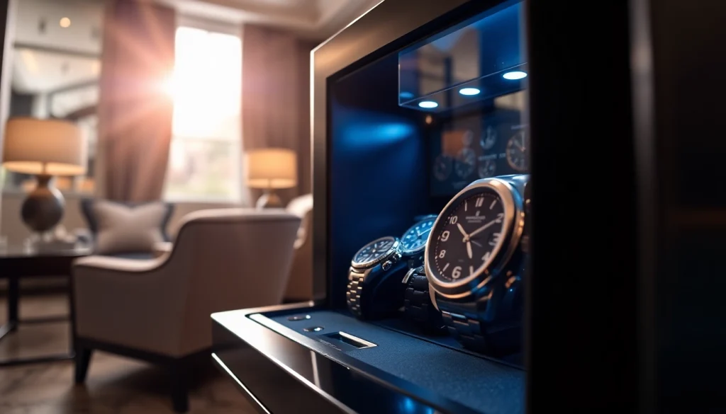 Explore a luxurious watch safe featuring stunning timepieces in a secure setting.
