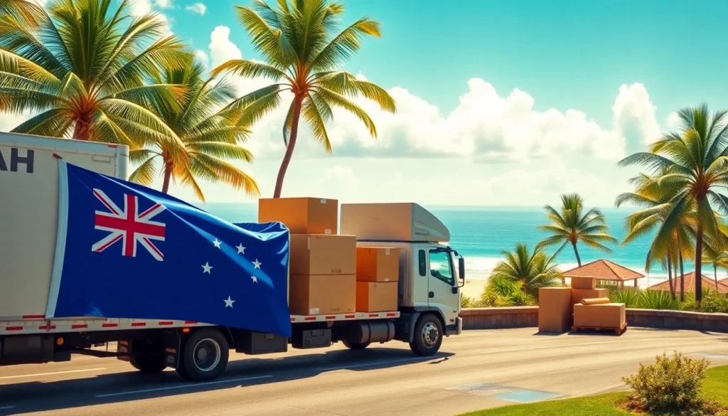 Moving from Alaska to Hawaii with professional movers transporting items against a tropical backdrop.