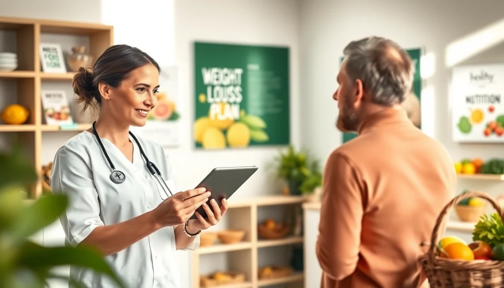 Nutritionist discussing Medical Weight Loss strategies with patient in a bright clinic.