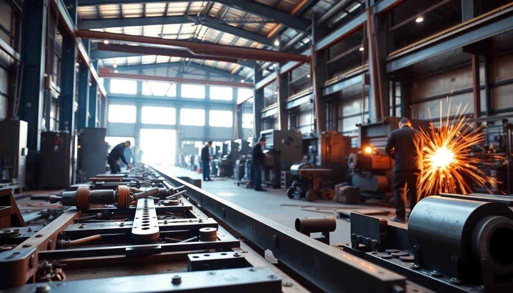 Showcasing skilled workers in custom steel fabrication, highlighting industrial craftsmanship and machinery.