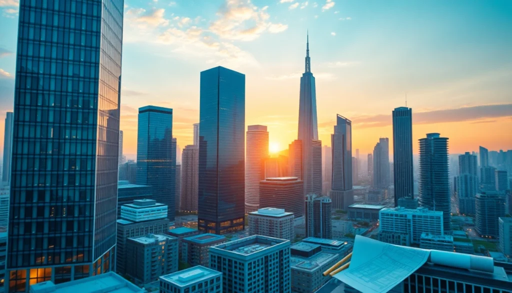 Dawn digital architectural visualization showcasing vibrant cityscape at sunrise with innovative details.