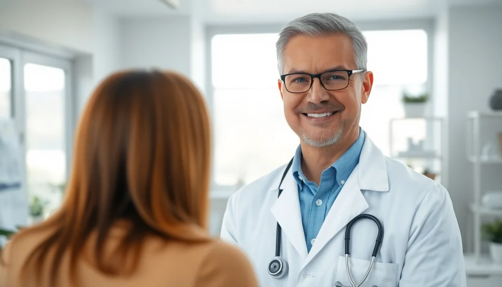 Dr. Parker consulting a patient in a modern medical office, emphasizing a caring atmosphere.