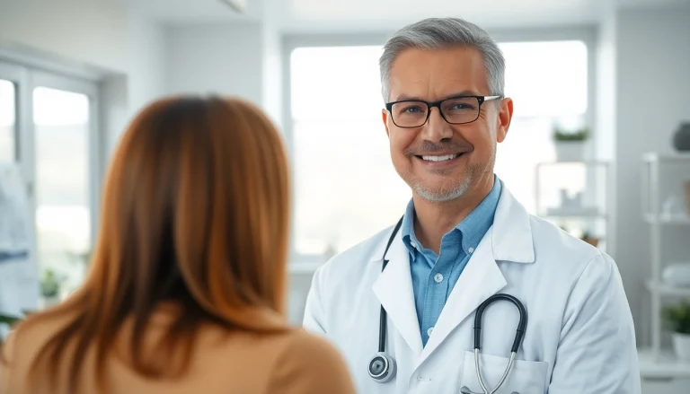 Dr. Parker consulting a patient in a modern medical office, emphasizing a caring atmosphere.