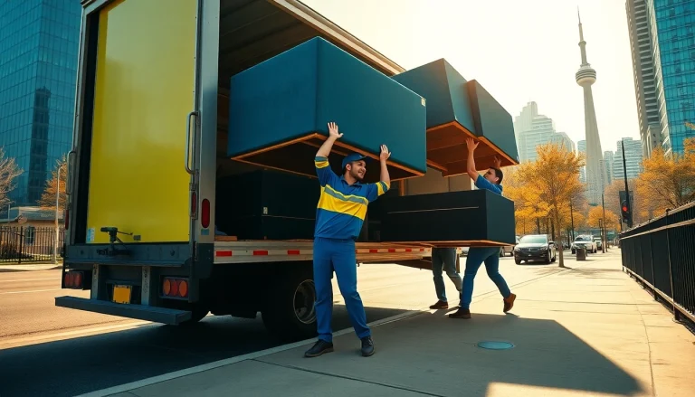 Efficient movers Toronto transporting furniture with care in a bright urban setting.