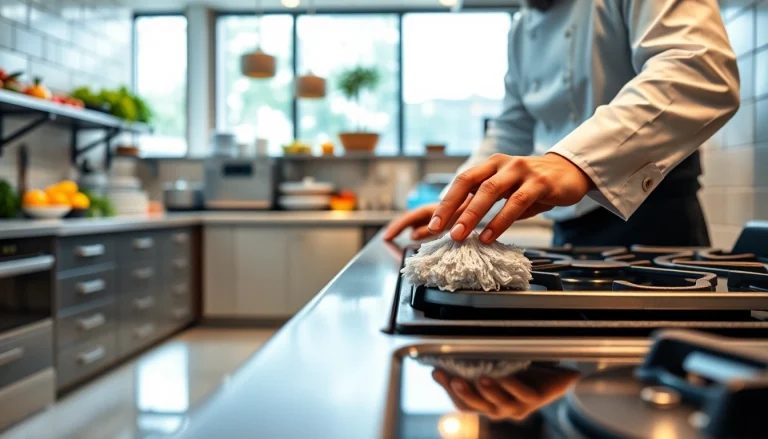 Engaged chef performing Restaurant Cooking Appliance Cleaning in a bright, organized kitchen.