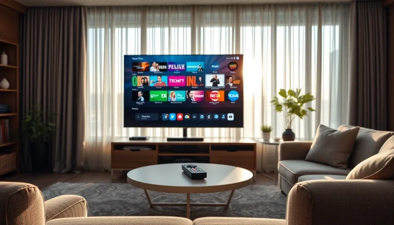 Comprar IPTV en un moderno salón con un televisor de pantalla plana y ambiente acogedor.