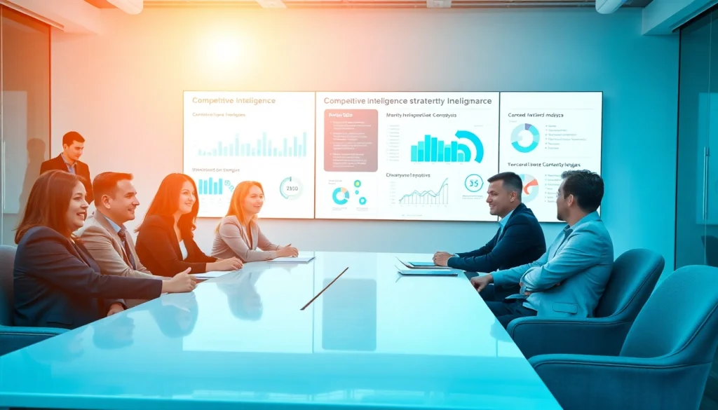 Engaged team discussing competitive intelligence strategies at a modern conference table.