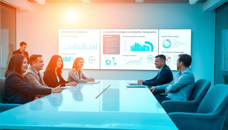 Engaged team discussing competitive intelligence strategies at a modern conference table.