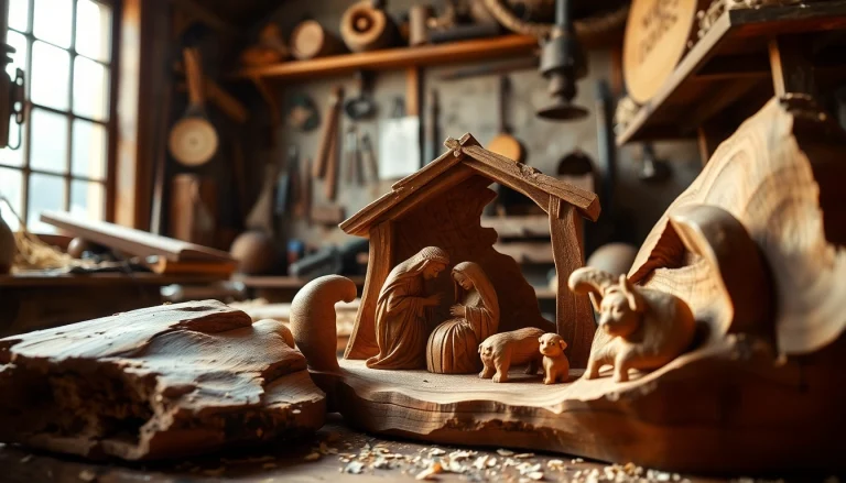 Admire the intricate details of olive wood carvings showcasing a serene nativity scene.