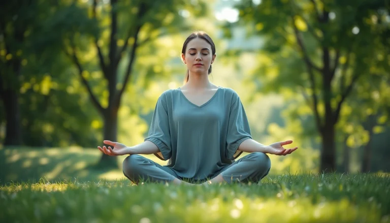 Woman practicing mindfulness outdoors while dealing with stress, radiating calm and tranquility.