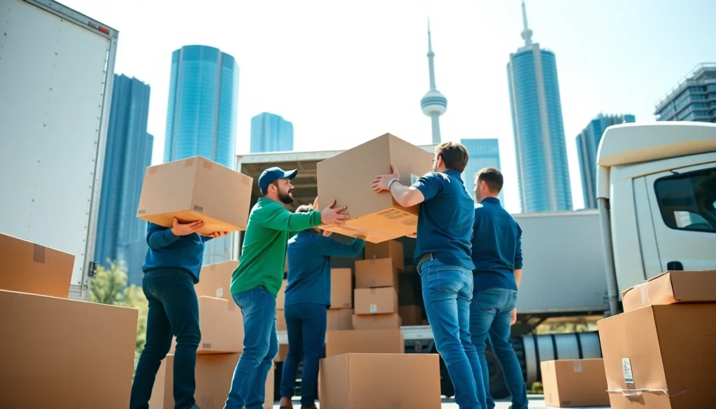Movers efficiently loading boxes into a truck representing Toronto moving companies