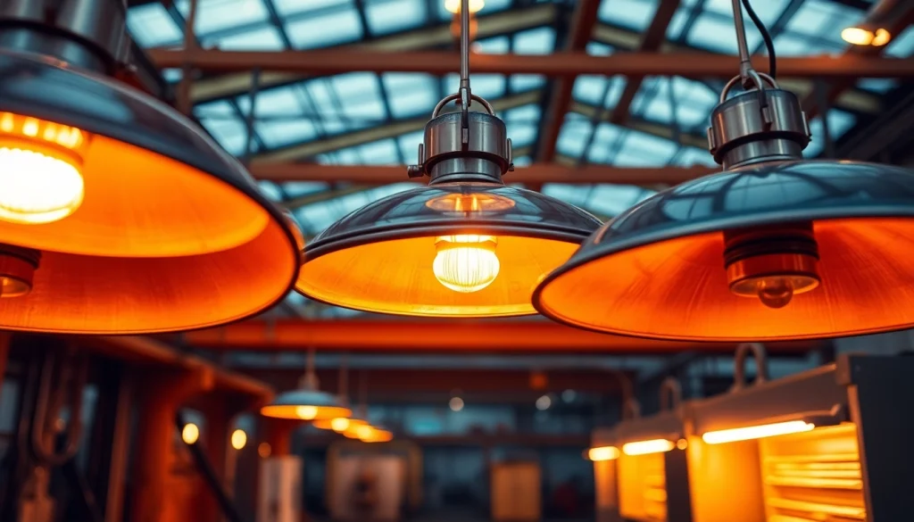 Industrial heat lamps shining brightly in a factory, enhancing efficiency and warmth in the workspace.